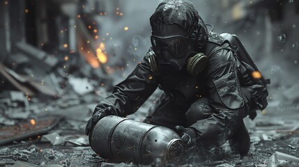 Bomb disposal officer sweating under pressure as they carefully defuse a time bomb, gritty urban setting, intense detail, hyperrealistic