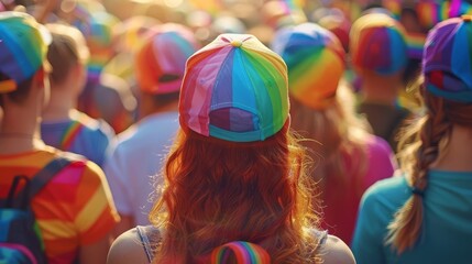 Diverse group of people in rainbow pride hats and t-shirts, celebrating at a festival, lively crowd background with ample copy space. , realistic, high detailed, sharp focus