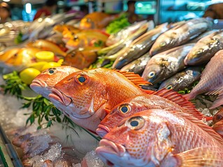 Variety of fresh fish at market or supermarket counter displaying abundance of choices