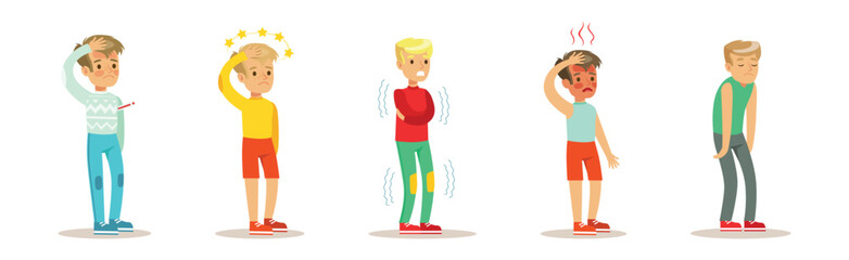 Sick and Unhealthy Boy Kid Character Feel Unwell Vector Set