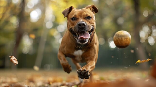 A playful dog chasing after a ball in a park, its tongue hanging out and eyes filled with excitement and energy.