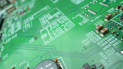 Explore intricate a Printed Circuit Board (PCB) details in stunning macro shots, revealing the...