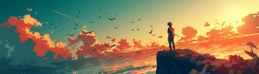 Fototapeta premium Cliffside view at sunset, watercolor, vast ocean, fiery sky, peaceful solitude, panoramic angle , minimalist