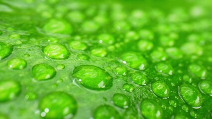 Explore the mesmerizing world of water drops on wet green leaves in this close-up macro. Witness the intricate beauty of glistening droplets as they dance and reflect the surrounding world. 
