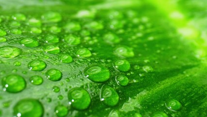 A close-up macro showcasing the intricate beauty of water droplets glistening on lush, wet green...