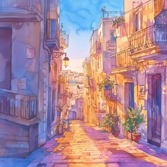 Fototapeta premium European city street at dawn, watercolor, soft pastels, wide angle, gentle sunrise light , illustration style