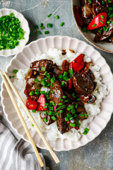 Chinese chicken liver with peppers and onions in the bowl