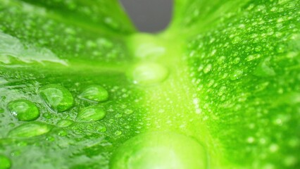 A close-up macro captures the exquisite, intricate beauty of water droplets clinging to glistening...