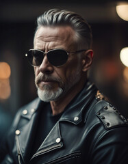 Obraz premium portrait of an American grown man in a biker outfit 