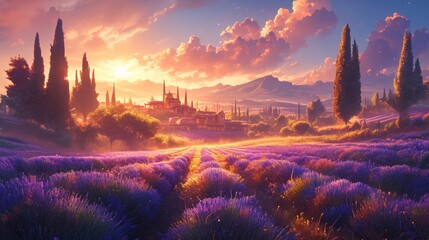 Lavender rows, watercolor, sunset, rich purples, tranquil mood, eye level, summer evening