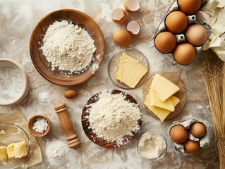 Fototapeta premium Overhead shot of table with baking ingredients - flour, eggs, butter, yeast, and more