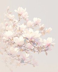 Magnolia tree, watercolor, white and pink blooms, gentle spring, clear sky, side angle , minimalist