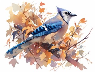 Blue Jay in autumn, watercolor, vivid blues, detailed plumage, autumn leaves backdrop, side view , realistic watercolor