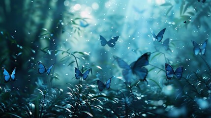   A fluttering group of blue butterflies soars above a verdant field dotted with water-kissed plants