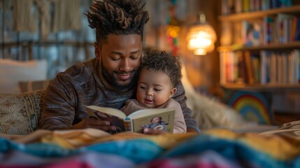 Fototapeta premium LGBTQ+ parents reading a bedtime story to their child, cozy and warm bedroom setting,