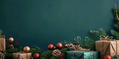 New Year vide banner template. Christmas gift boxes tied bows, balls, golden decorations. Season greeting scene perfect for message or promo. Xmas frame. Gifts on dark green. Presents, stars, confetti