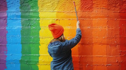 Pride flag being painted on a wall by an artist, vibrant and creative expression, urban street art...
