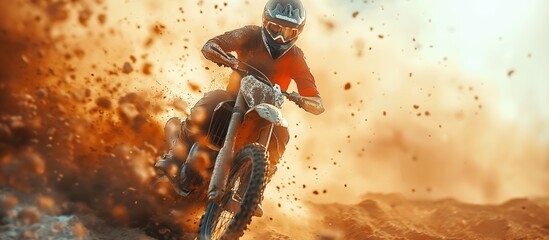 Motorcyclist in full gear racing through muddy terrain in motion, emphasizing speed and intensity...