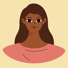 Face of a young black girl. African american brunette. Character design in flat style isolated on white backround.