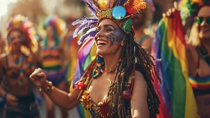 Fototapeta premium Pride parade participants in elaborate costumes, marching proudly down a city street, rainbow flags and festive atmosphere, plenty of copy space.