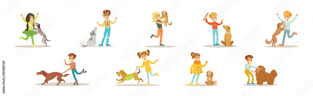 Sticker happy boy and girl play with dog pet vector set