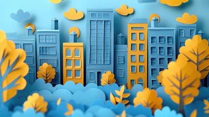 A colorful paper cityscape with blue and yellow buildings, trees, and clouds, creating a vibrant and whimsical urban environment.
