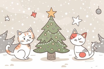 a cartoon of cats next to a christmas tree