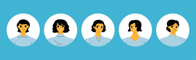 Collection of different people avatars. Round icons with various smiling women. Modern vector illustration.