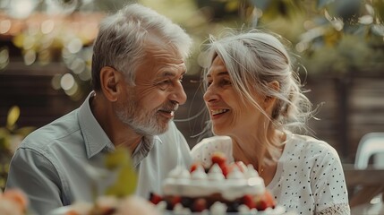 Senior couple celebrating their anniversary, exchanging loving glances and smiles, with a beautifully decorated cake in front of them,