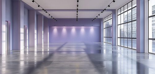 Light exhibition hall with periwinkle wall, glossy concrete floor, and front windows. 3D rendering, mockup.