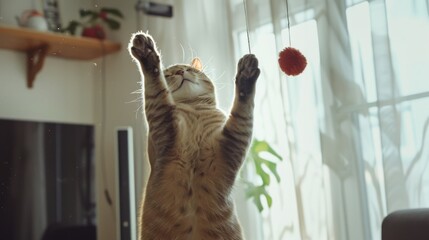 A plump cat batting at a dangling string toy, with its paws in mid-air and a joyful expression, in...
