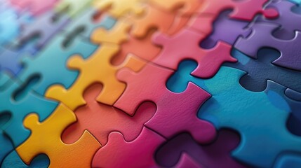 Fototapeta premium Close-up of interlocking colorful puzzle pieces, symbolizing complexity, connection, and the idea of fitting together different parts to form a whole.