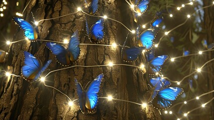   A blue butterfly cluster rests atop a tree, near festive light strings adorning the trunk