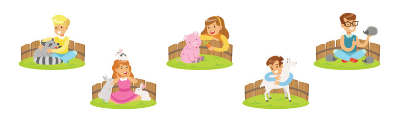 Happy Children and Cute Animals In Petting Zoo Vector Set