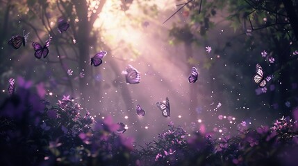   A group of butterflies flies in the sunlit air above a forest filled with purple flowers and green foliage