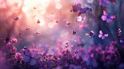   A field of vibrant purple blooms with numerous butterflies fluttering above the center of the photograph