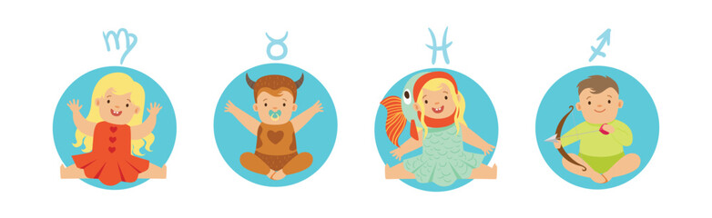Zodiac Icon and Horoscope Signs with Baby Character Vector Set