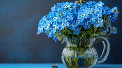  Blue vase with blue flowers on blue tablecloth against blue wall