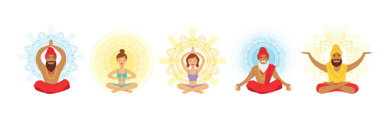 Meditating People in Yoga Lotus Pose Vector Set
