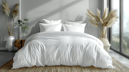   White comforter and pillows on a bed in a room with a large window and rug on floor