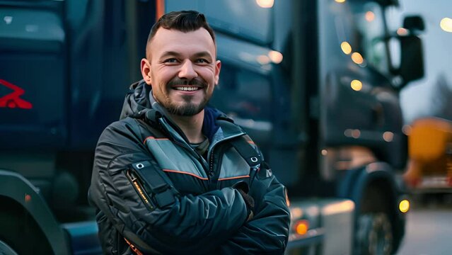 
Professional truck driver standing smiling looking at camera in front of his truck