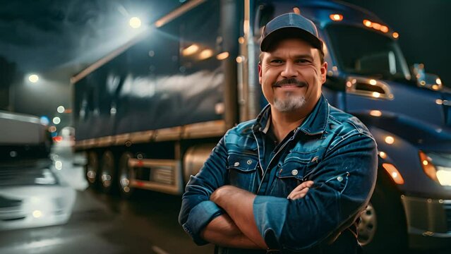 
Professional truck driver standing smiling looking at camera in front of his truck
