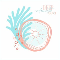 Pre-made card from abstract, flat bionic elements on a marine theme in orange and blue colors. Digital illustration for branding, scrapbooking, fabrics