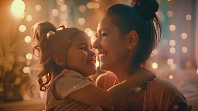 Delighted mother tickles her daughter and smiles as she enjoys spending time together at home