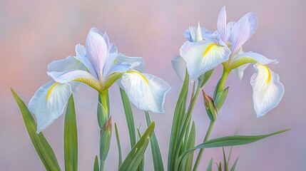   Two white flowers with yellow stamens on a pastel pink background, featuring green stems and leaves