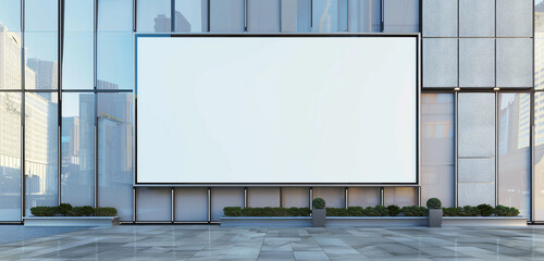 Realistic 3D rendered large billboard mockup on an office building facade, blank canvas framed by a light border.