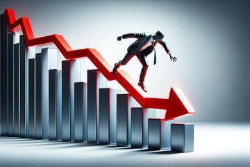 model of a man in a business suit with a briefcase running down a descending bar graph with a red arrow