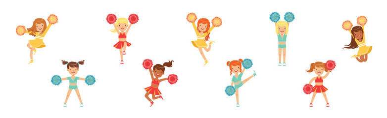 Dance of Cheerleader Girl Character in Uniform with Pompom Vector Set