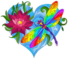 Illustration in the style of a stained glass window with a bright dragonfly , lotus flower and heart isolated on a white background