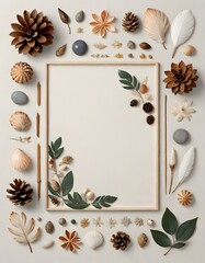 Serene and earthy arrangement of natural objects, including various leaves, pine cones, seashells, acorns, and seed pods, on a light background, emphasizing diversity of nature, Generative AI.